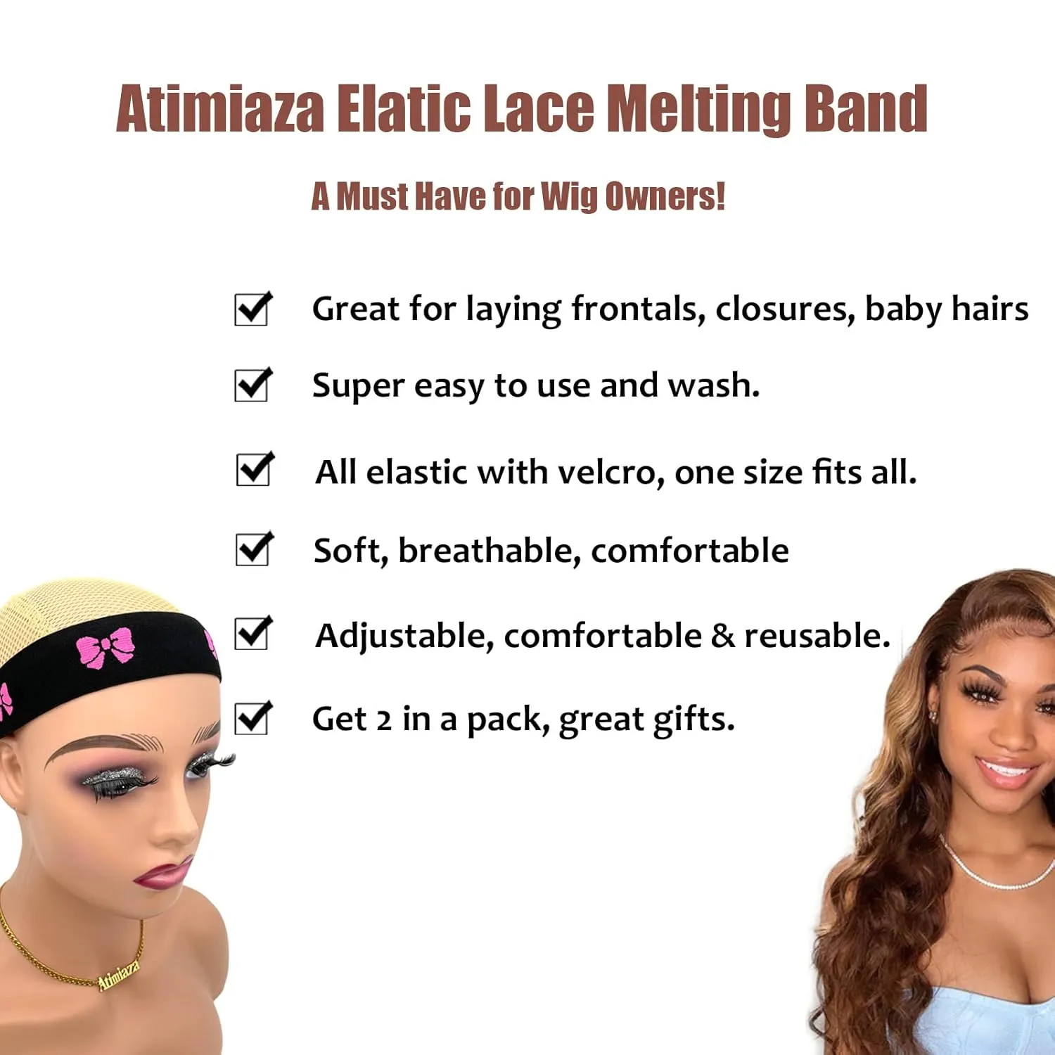 2 Pcs Elastic Bands for Wig, Lace Melting Bow Tie Band, Edge Wrap to Lay Edges (Pack of 2)