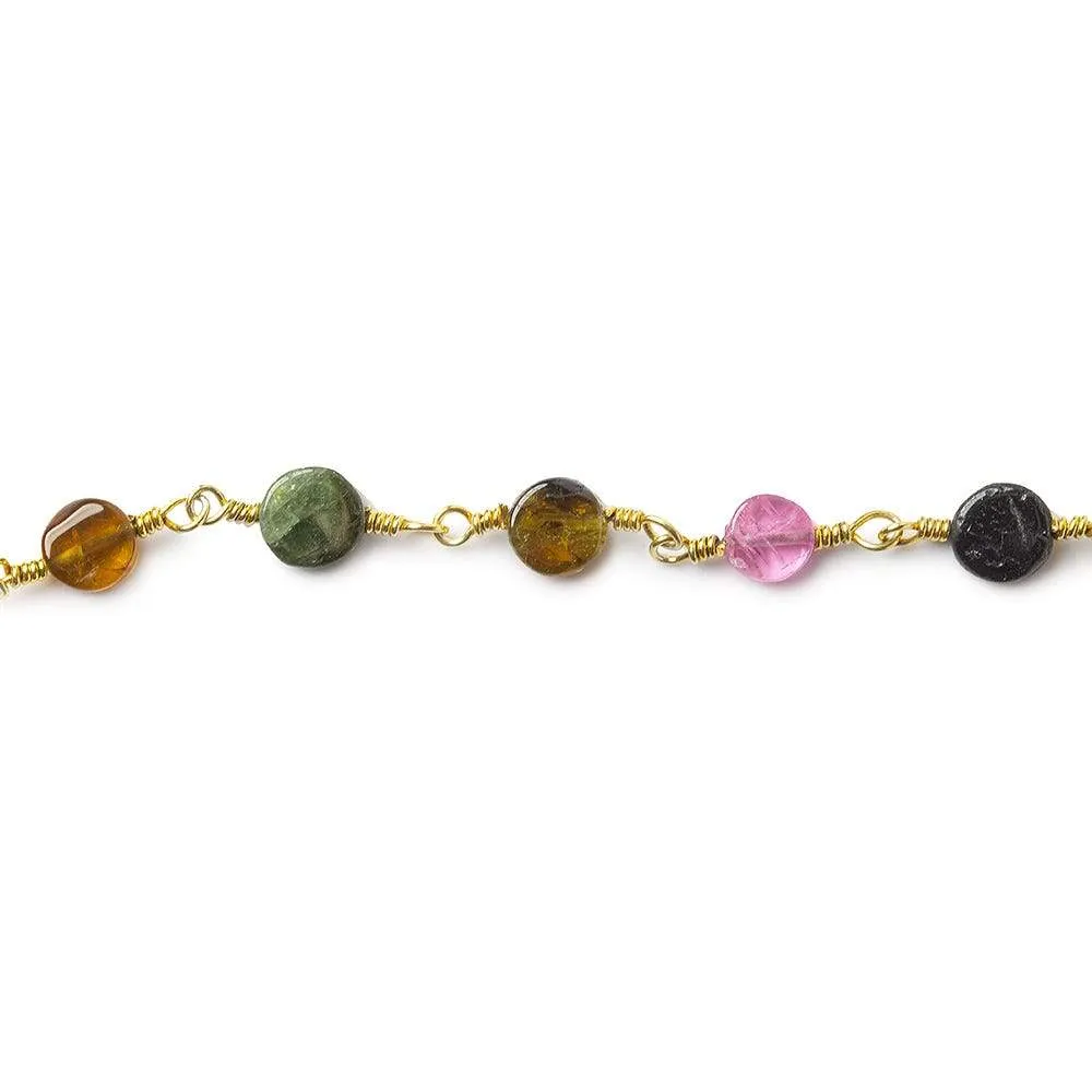 4.5-5mm Multi Color Tourmaline plain coin Gold plated Chain by the foot 25 beads A