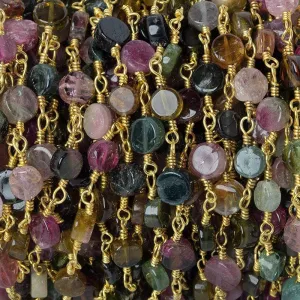 4.5-5mm Multi Color Tourmaline plain coin Gold plated Chain by the foot 25 beads A