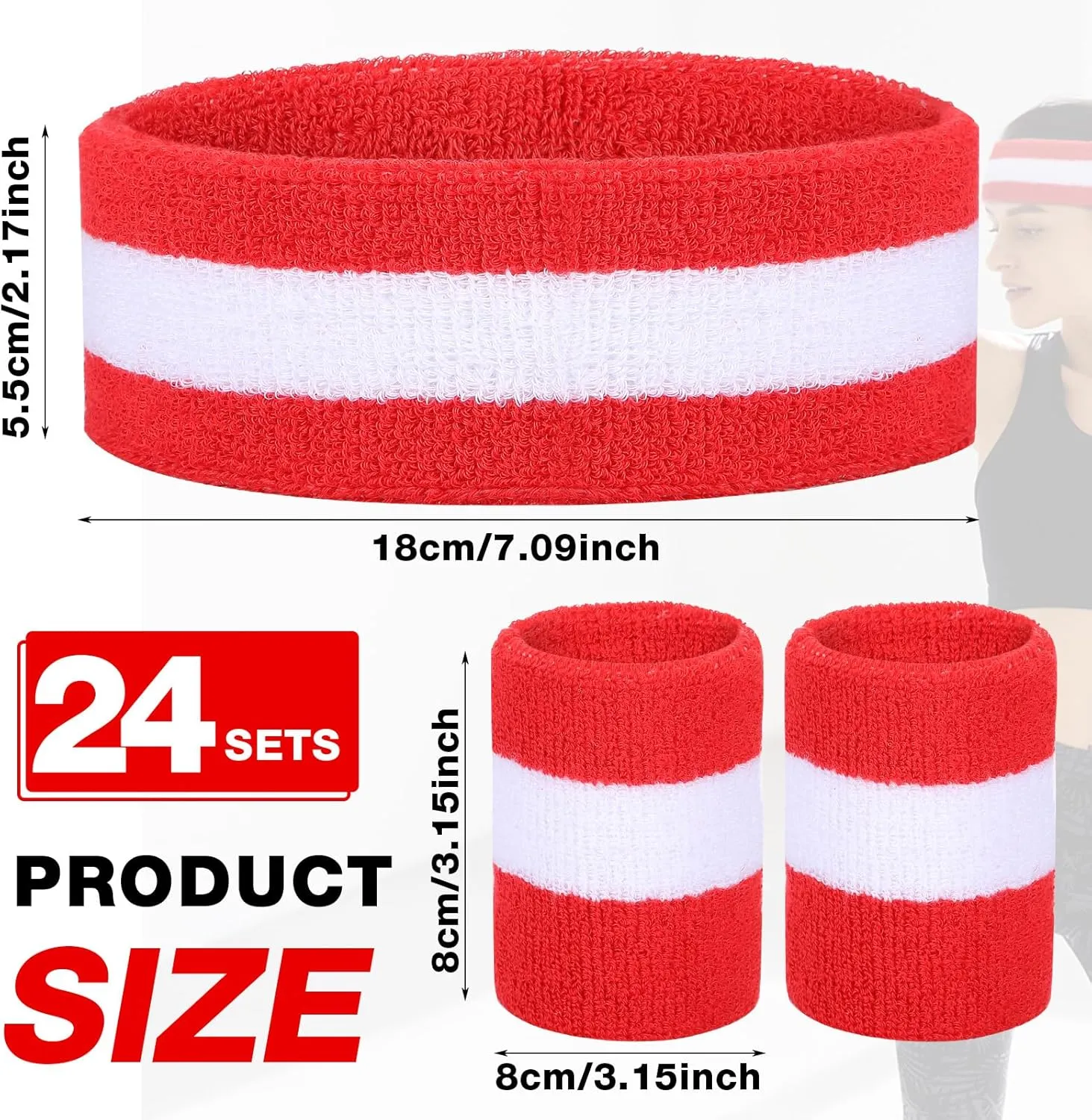 72 Pcs Bulk Striped Sweatband Set Include 24 Pcs Sweat Absorbing Striped Headbands and 48 Pcs Sweatbands Wristbands Cotton Athletic Sweat Bands for Men Women Gym Sports Workout