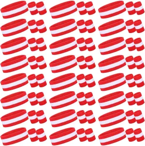 72 Pcs Bulk Striped Sweatband Set Include 24 Pcs Sweat Absorbing Striped Headbands and 48 Pcs Sweatbands Wristbands Cotton Athletic Sweat Bands for Men Women Gym Sports Workout