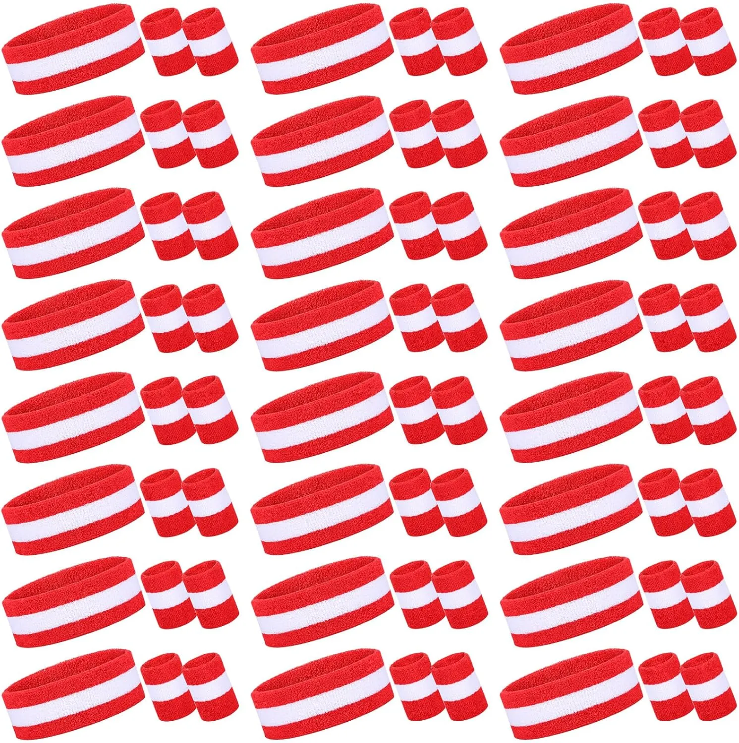72 Pcs Bulk Striped Sweatband Set Include 24 Pcs Sweat Absorbing Striped Headbands and 48 Pcs Sweatbands Wristbands Cotton Athletic Sweat Bands for Men Women Gym Sports Workout