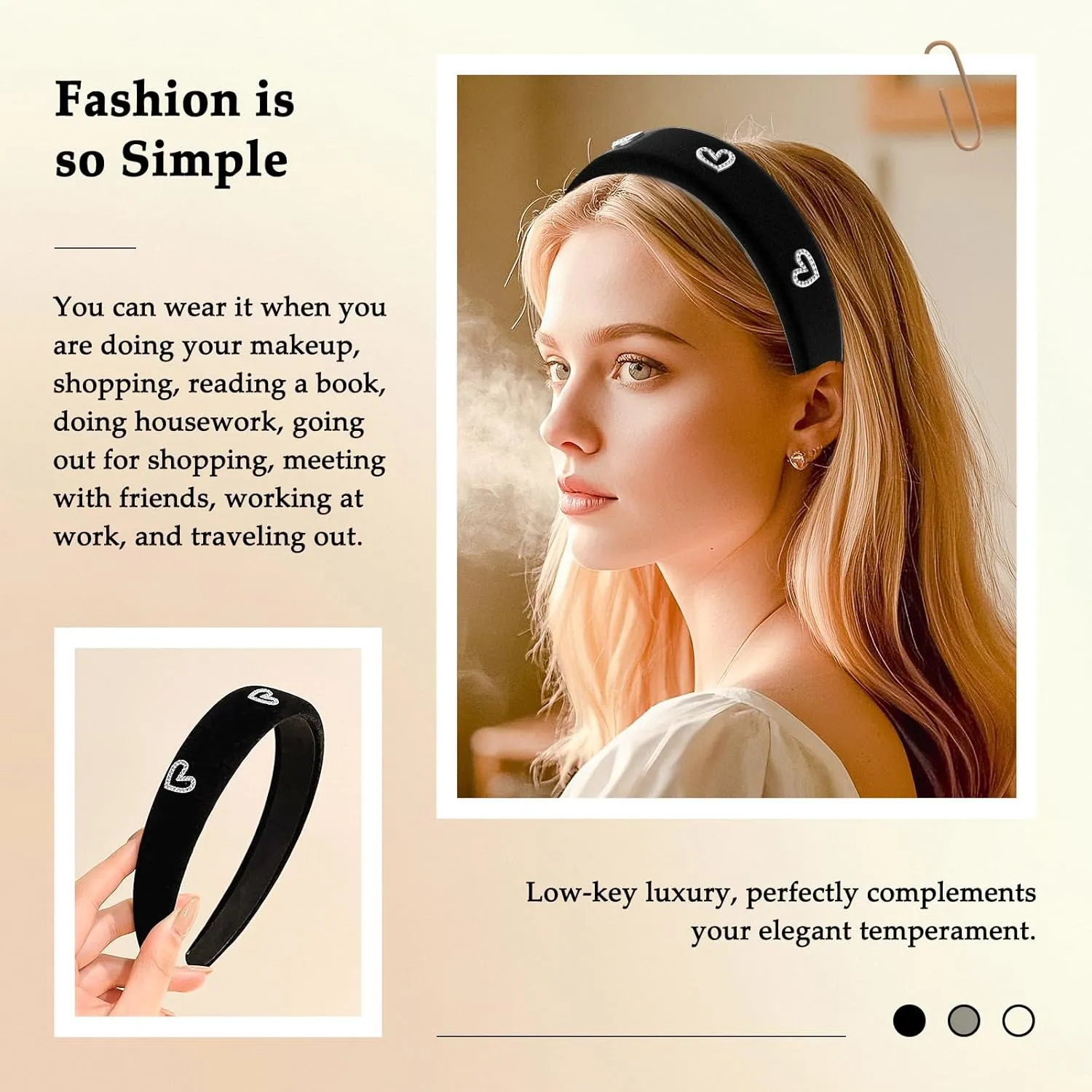 Black Elegant Headbands for Women Non Slip Trendy Velvet Fabric Wide Hairbands for Women's Thin and Thick Hair Designer Head Bands Elastic Hair Bands for Mother's Day Gift.