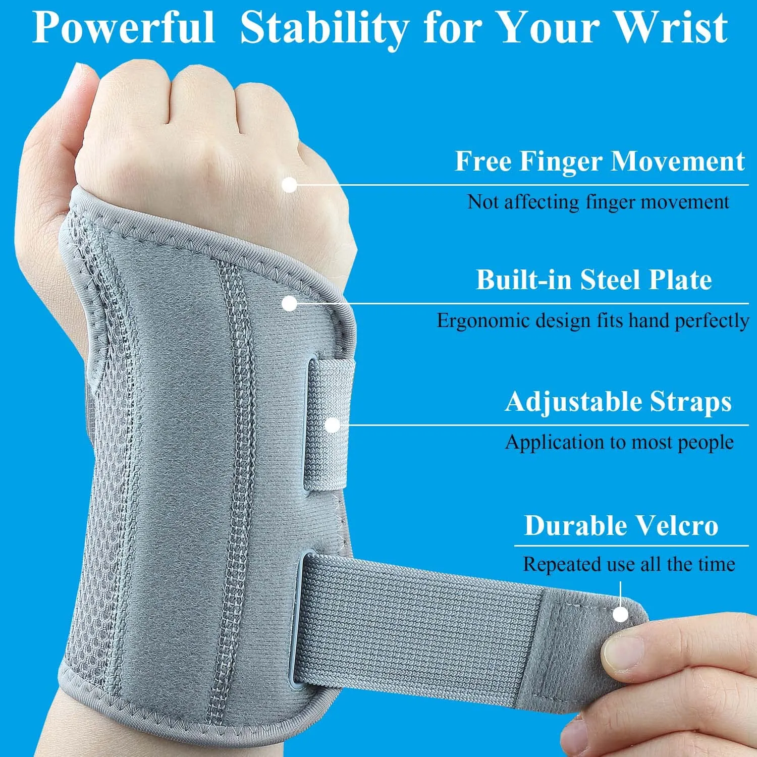 Carpal Tunnel Wrist Brace, Adjustable Wrist Support Brace, Night Wrist Sleep Supports Splints Arm Stabilizer (Right Hand, S/M, Grey)