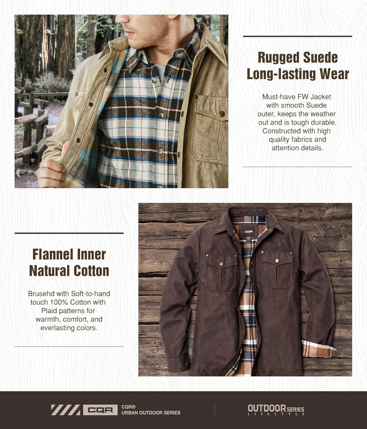 CQR Men's Flannel Lined Shirt Jackets, Long Sleeved Rugged Plaid Cotton Brushed Suede Shirt Jacket
