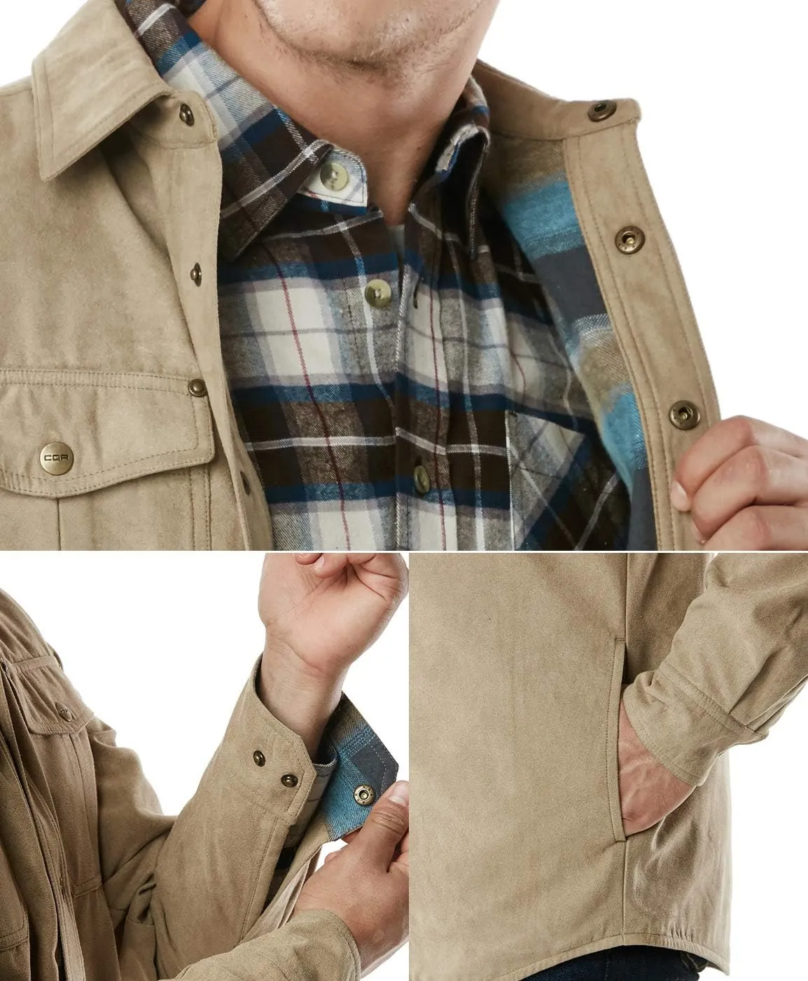 CQR Men's Flannel Lined Shirt Jackets, Long Sleeved Rugged Plaid Cotton Brushed Suede Shirt Jacket