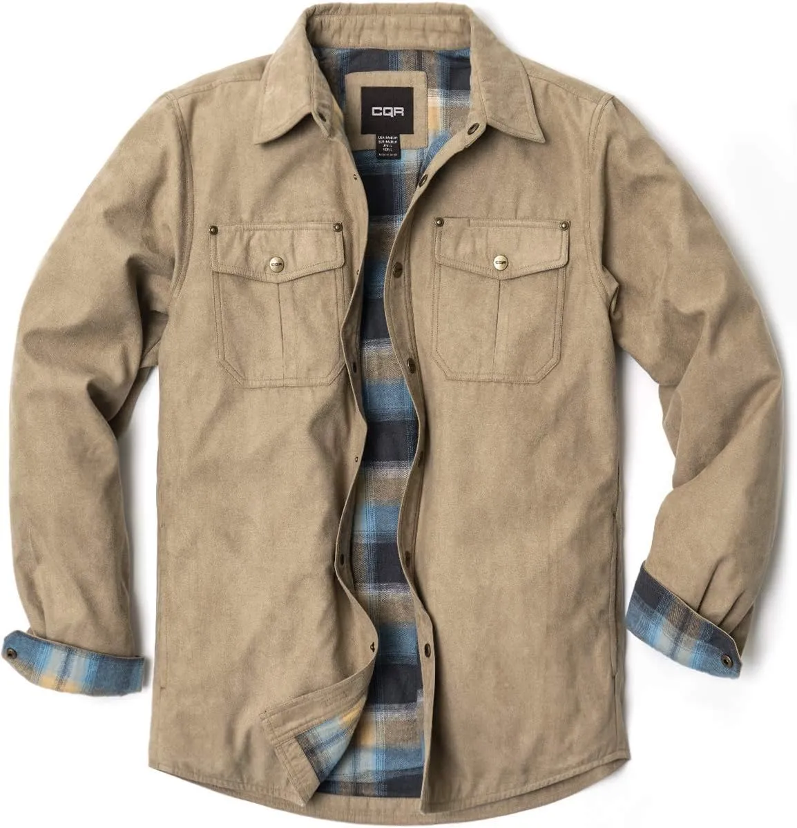 CQR Men's Flannel Lined Shirt Jackets, Long Sleeved Rugged Plaid Cotton Brushed Suede Shirt Jacket