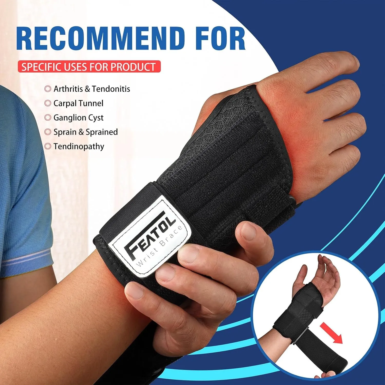 FEATOL 2 Pack Carpal Tunnel Wrist Brace For Work With Wrist Splint, 6.5'' Hand Brace Night Support For Women Men, Pain Relief For Tendonitis, Arthritis, Pregnancy, Typing, Right and Left Hand, Small