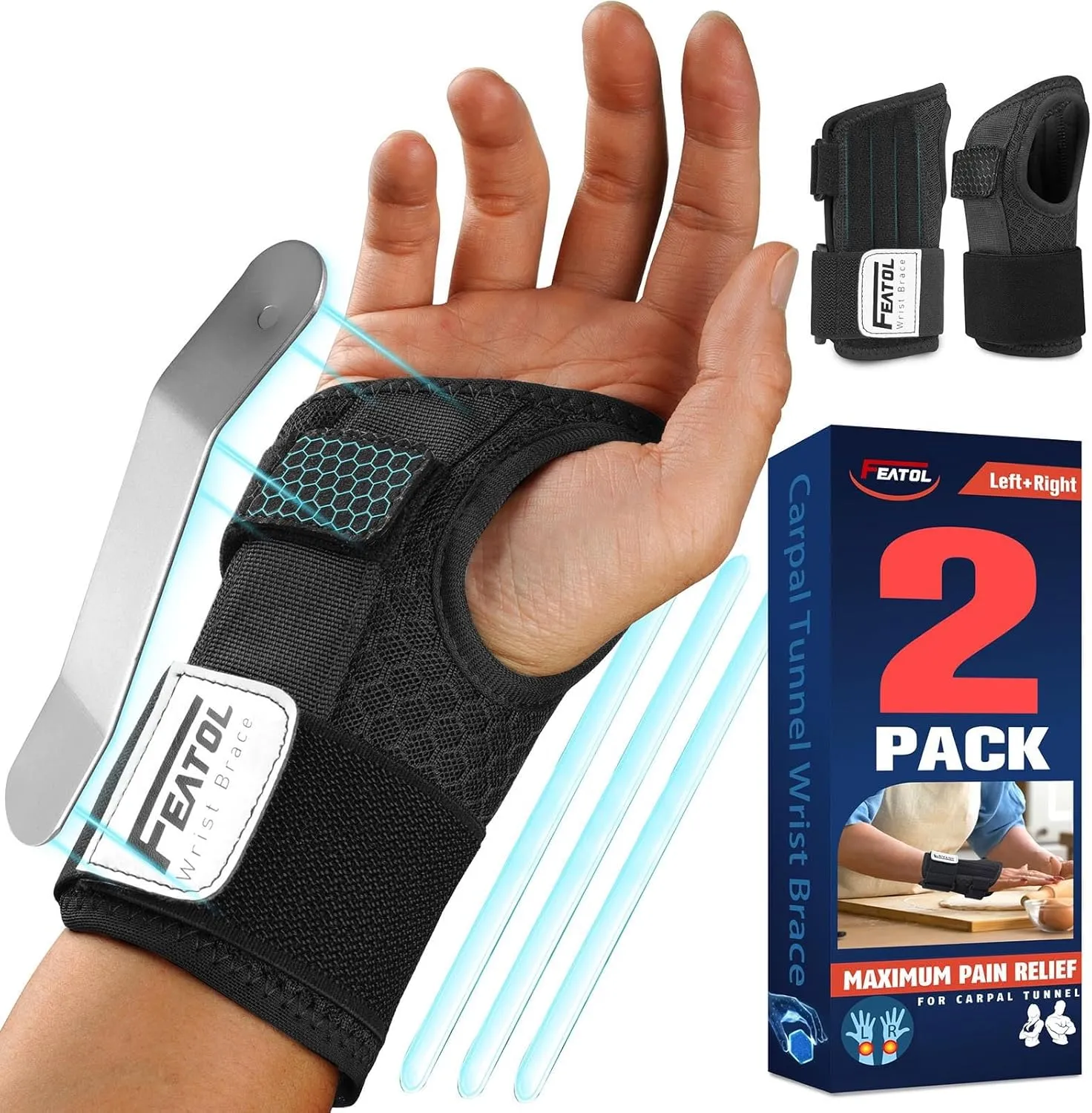 FEATOL 2 Pack Carpal Tunnel Wrist Brace For Work With Wrist Splint, 6.5'' Hand Brace Night Support For Women Men, Pain Relief For Tendonitis, Arthritis, Pregnancy, Typing, Right and Left Hand, Small