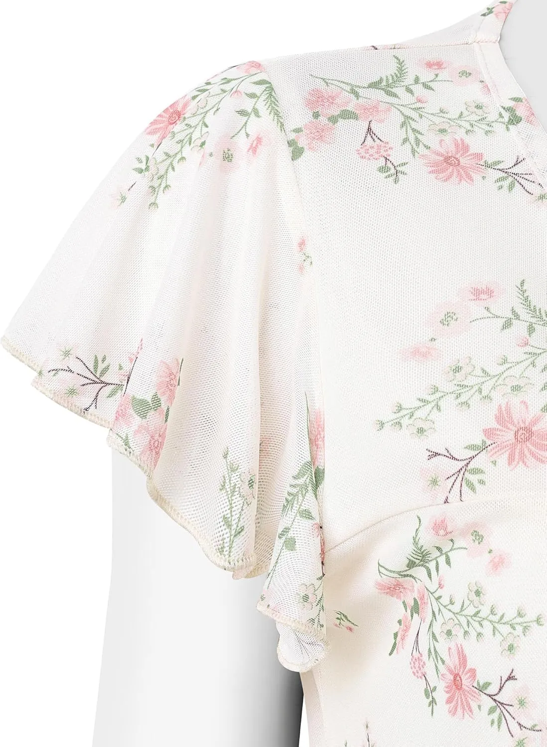 Furnex Women's Short Sleeve Tunic Shirt Pleated Mesh Blouses Summer Floral Tops