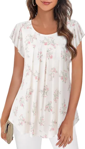 Furnex Women's Short Sleeve Tunic Shirt Pleated Mesh Blouses Summer Floral Tops