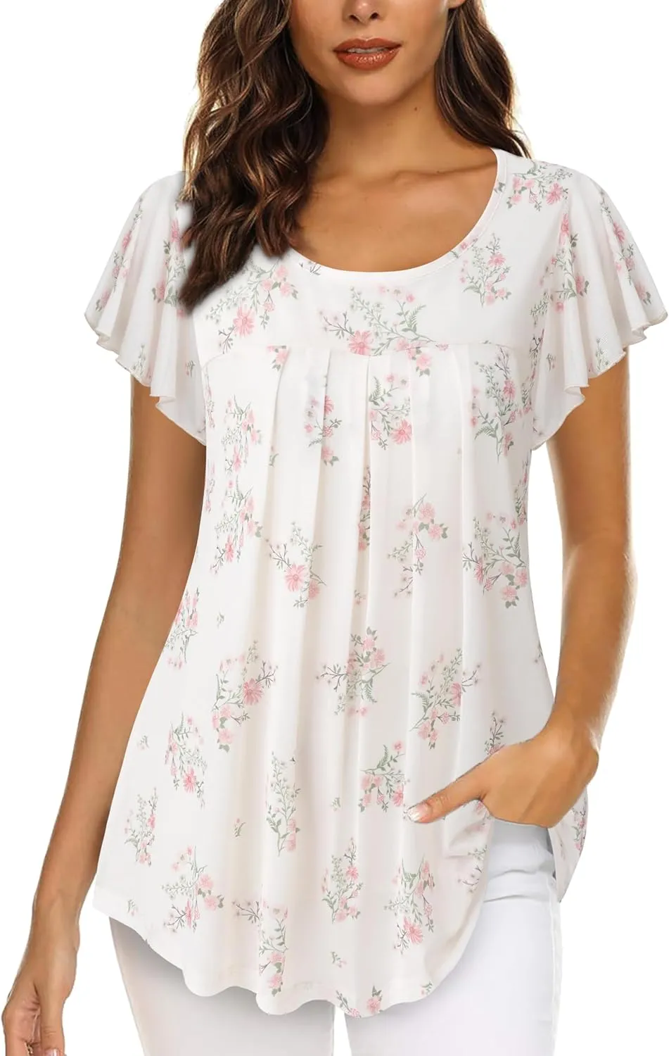 Furnex Women's Short Sleeve Tunic Shirt Pleated Mesh Blouses Summer Floral Tops
