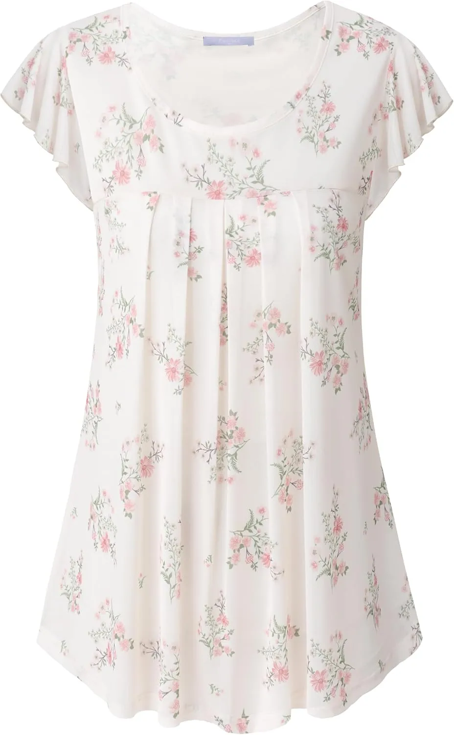 Furnex Women's Short Sleeve Tunic Shirt Pleated Mesh Blouses Summer Floral Tops
