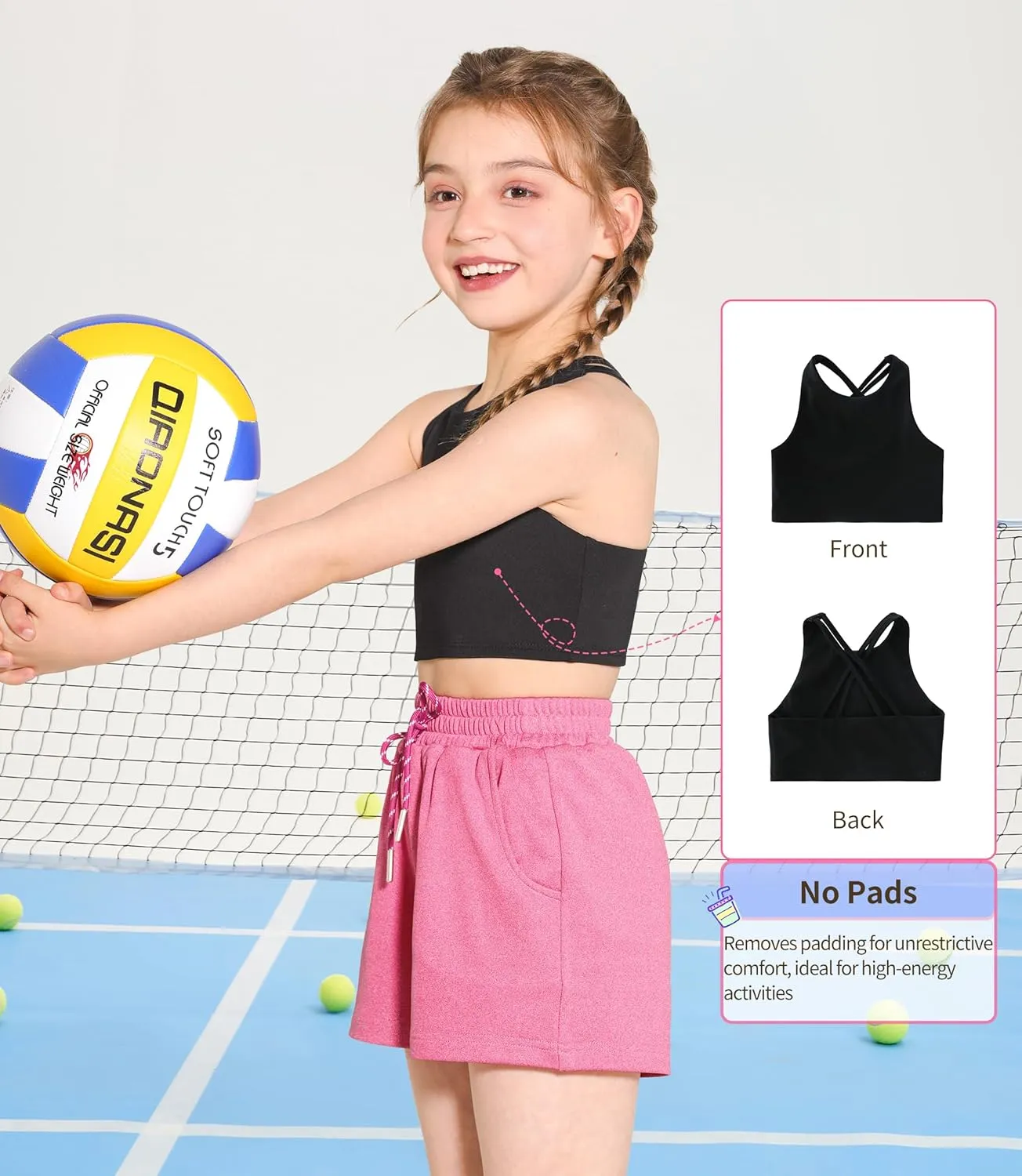 Girls Training Bra Scoop Neck Sports Bra for Teens Kids Strappy Back Dance Yoga Crop Tops