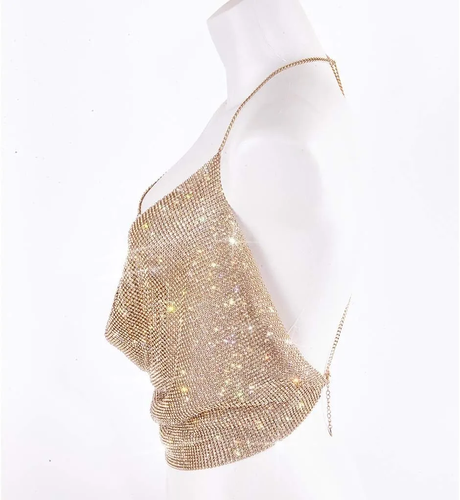 Gold Sexy Tops for Women Sparkly Deep V Neck Crop Tank Tops Cami Body Chain Top