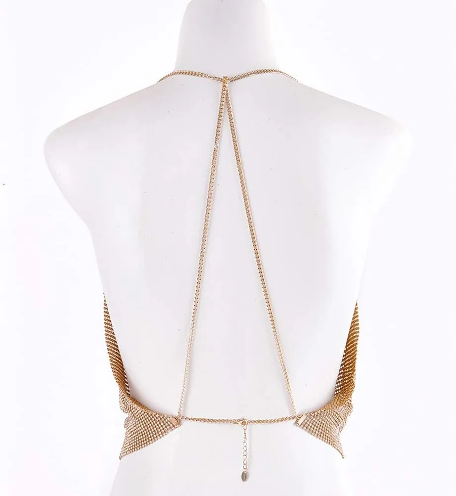Gold Sexy Tops for Women Sparkly Deep V Neck Crop Tank Tops Cami Body Chain Top
