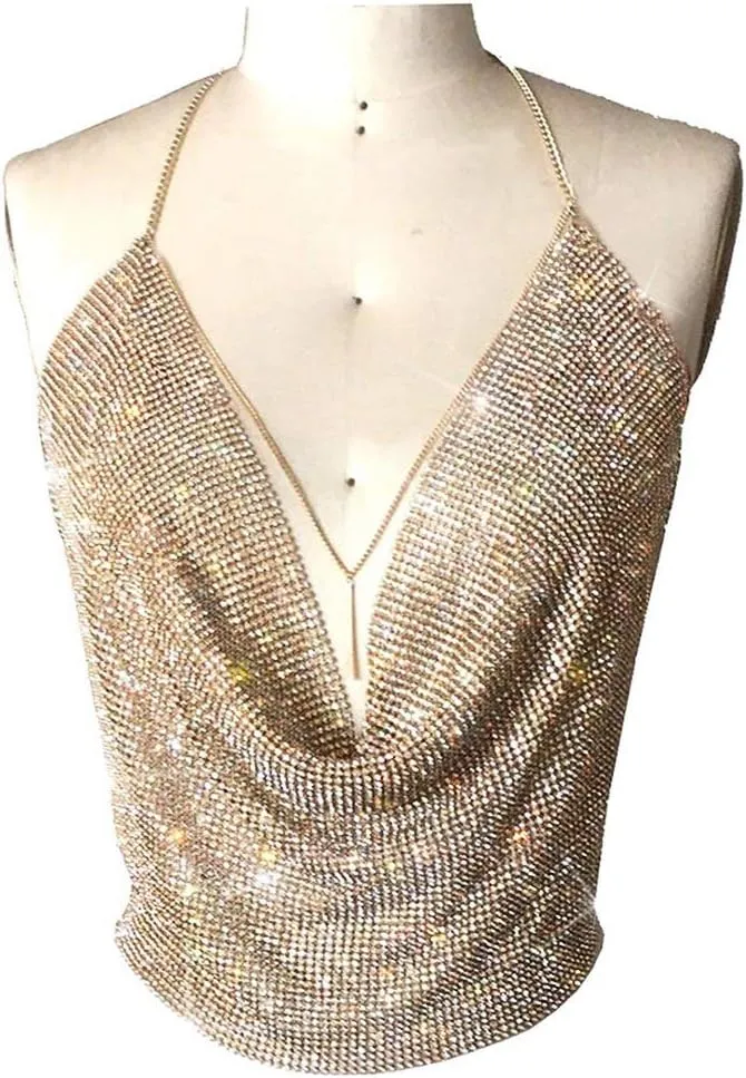 Gold Sexy Tops for Women Sparkly Deep V Neck Crop Tank Tops Cami Body Chain Top
