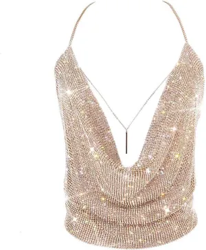 Gold Sexy Tops for Women Sparkly Deep V Neck Crop Tank Tops Cami Body Chain Top