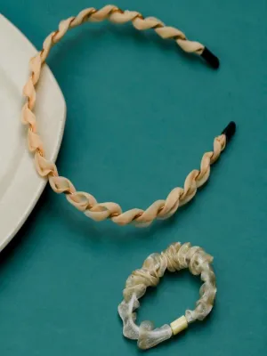 Golden Twist Set: Satin Braided Headband with Glittering Beige Scrunchie- Pack of 2