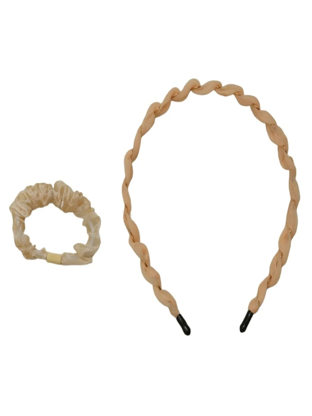 Golden Twist Set: Satin Braided Headband with Glittering Beige Scrunchie- Pack of 2
