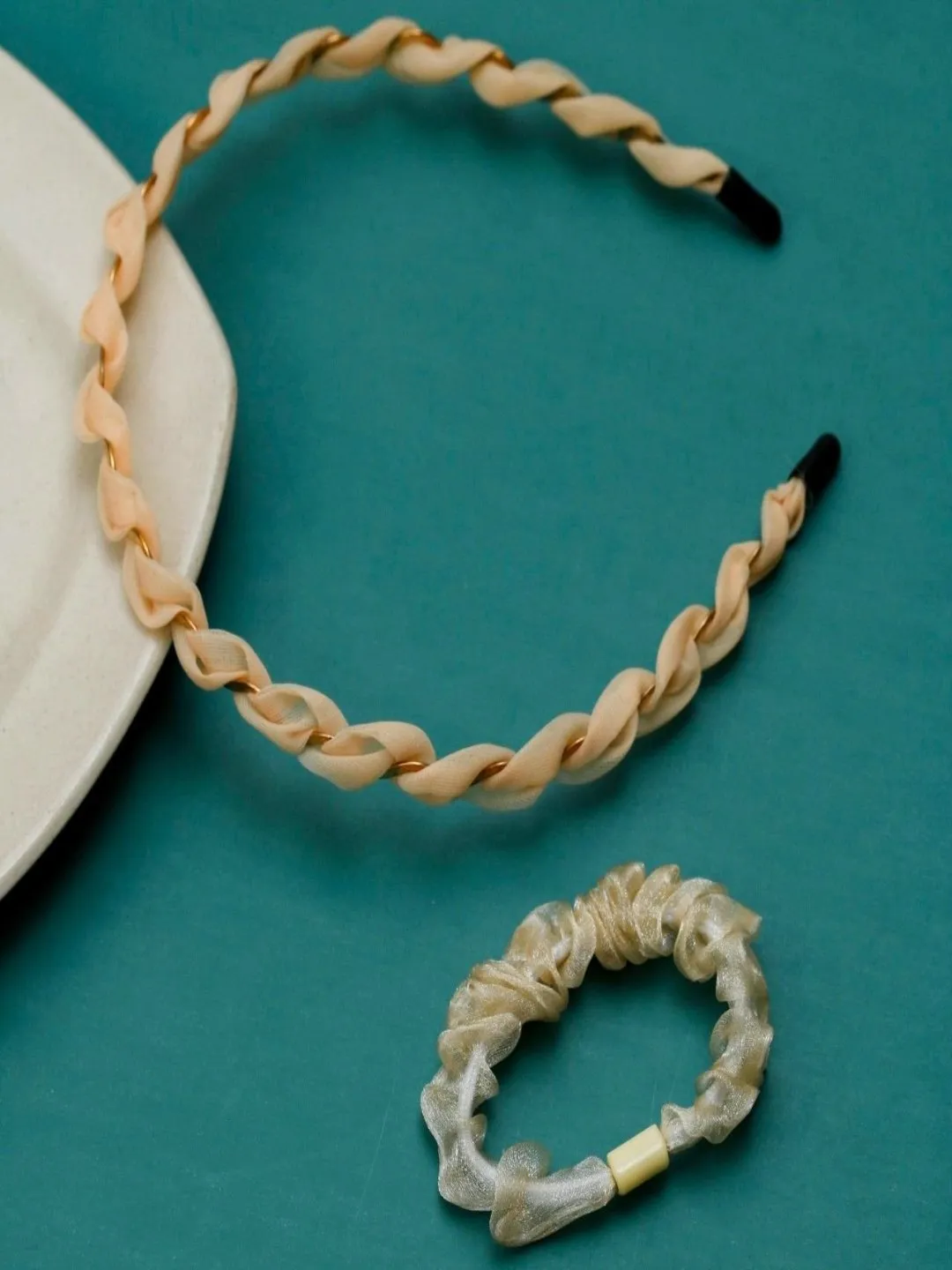 Golden Twist Set: Satin Braided Headband with Glittering Beige Scrunchie- Pack of 2