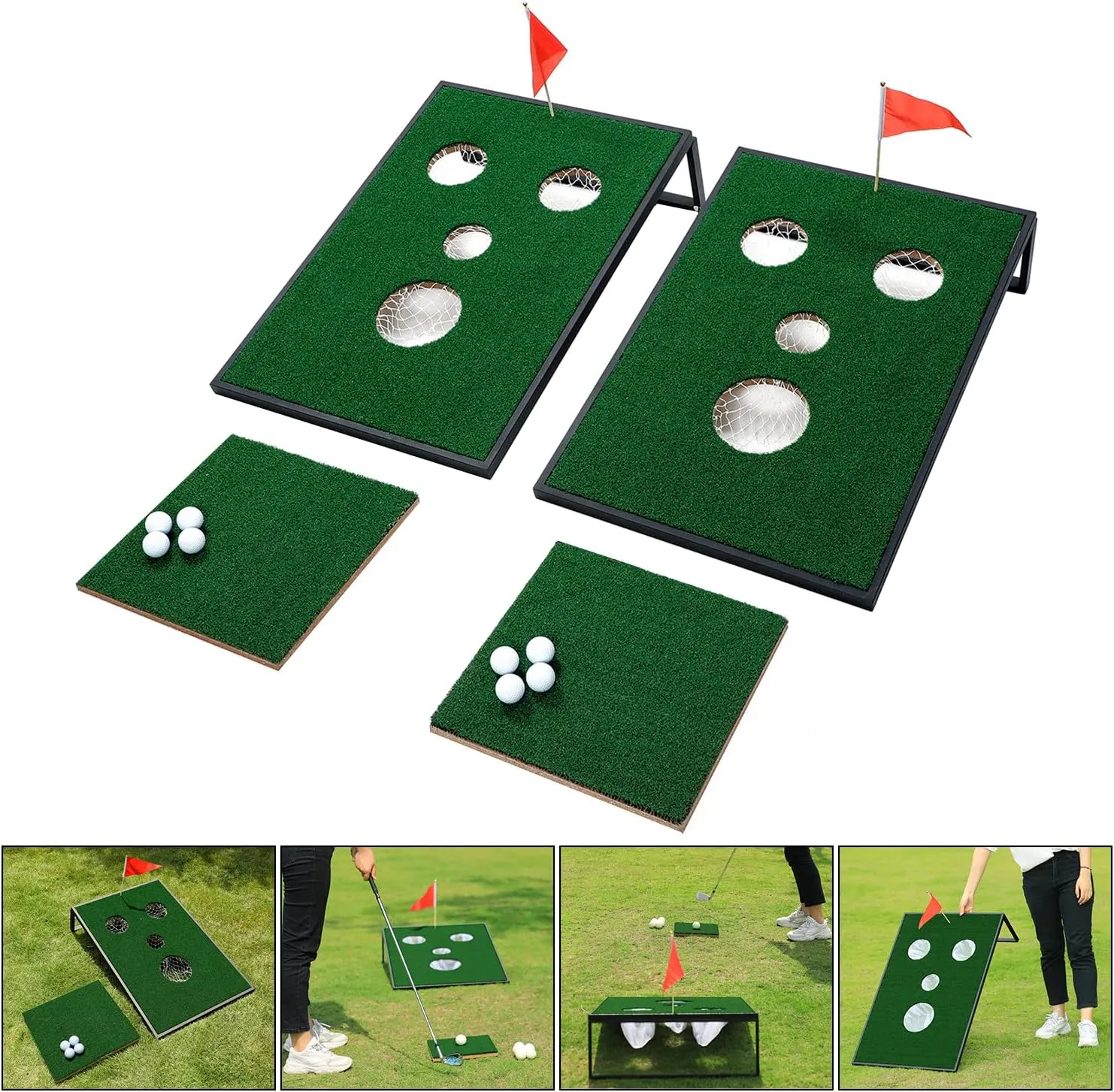 Golf Cornhole Game Set Combined Pong Game, Chipping Yard Game Boards with Chipping Mats & Golf Balls for Tailgate, Ideal Gift for Family, Golfer and Friends