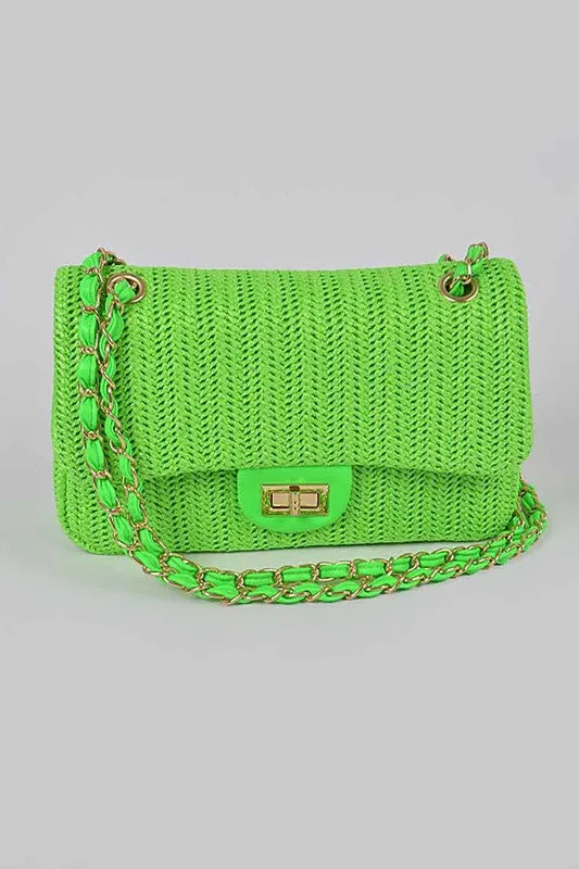 Green Faux Straw Shoulder Bag