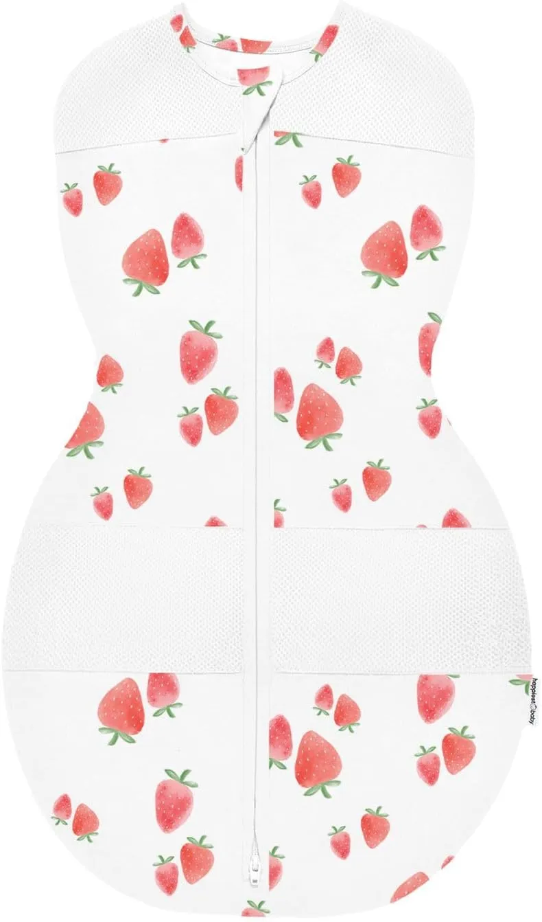 Happiest Baby Sleepea 5-Second Swaddle - 100% Organic Cotton Baby Swaddle Blanket - Doctor Designed Promotes Healthy Hip Development (Ivory Strawberries, X-Large)