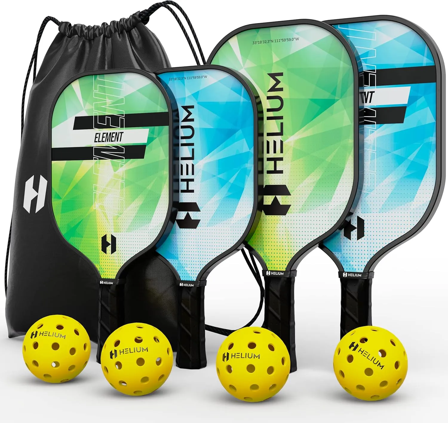 Helium Element Pickleball Family 4-Pack - 2 Child-Size & 2 Adult-Size Paddles, Lightweight Pickleball Set with Honeycomb Core, Graphite Strike Face, 4 Pickleballs & Convenient Drawstring Bag