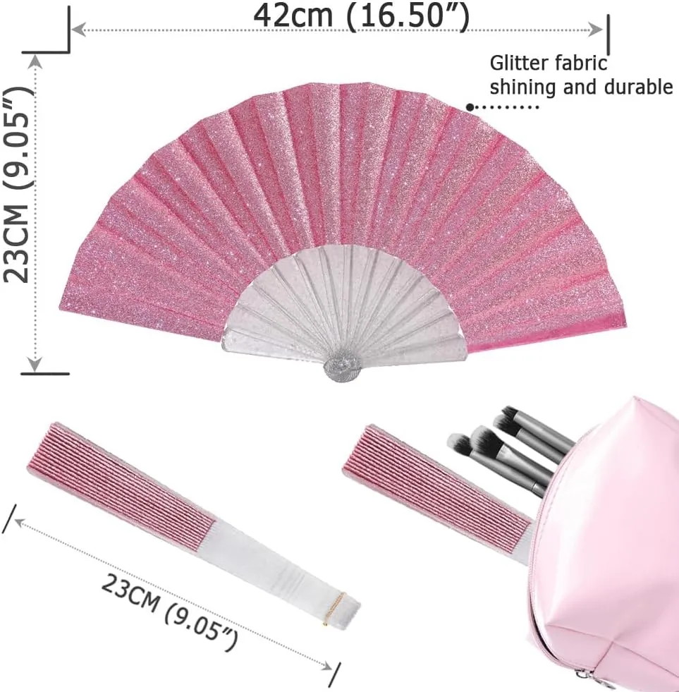 HeyToo Glitter Women Handheld Fan with Shining Transparent Fan Rib for Wedding,Church,Festival,Dance,Party Prom,Club,EDM Accessory Pink