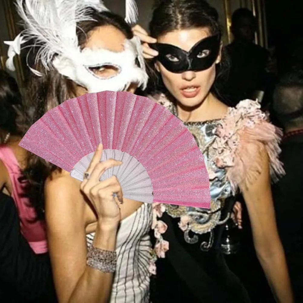 HeyToo Glitter Women Handheld Fan with Shining Transparent Fan Rib for Wedding,Church,Festival,Dance,Party Prom,Club,EDM Accessory Pink