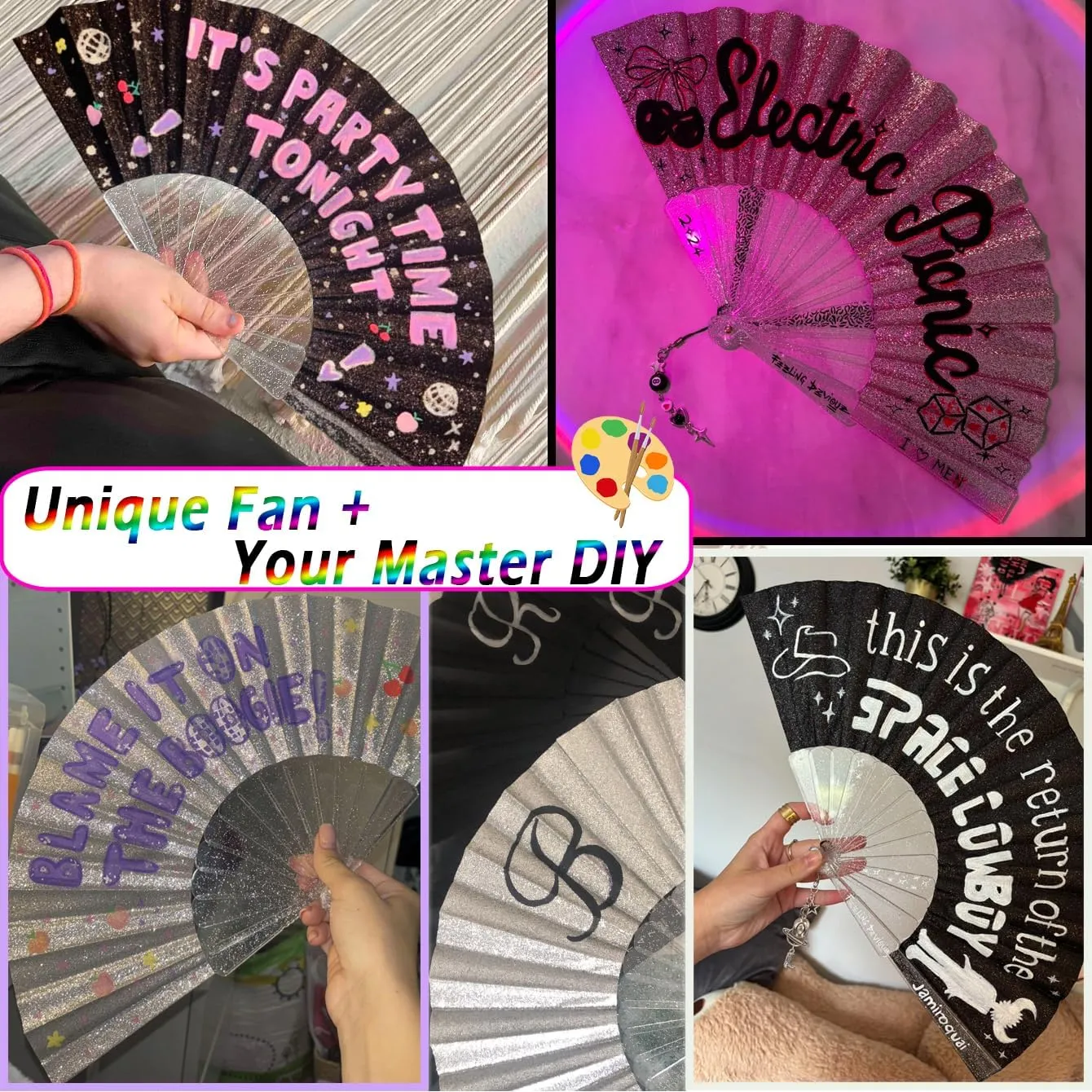 HeyToo Glitter Women Handheld Fan with Shining Transparent Fan Rib for Wedding,Church,Festival,Dance,Party Prom,Club,EDM Accessory Pink
