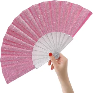 HeyToo Glitter Women Handheld Fan with Shining Transparent Fan Rib for Wedding,Church,Festival,Dance,Party Prom,Club,EDM Accessory Pink
