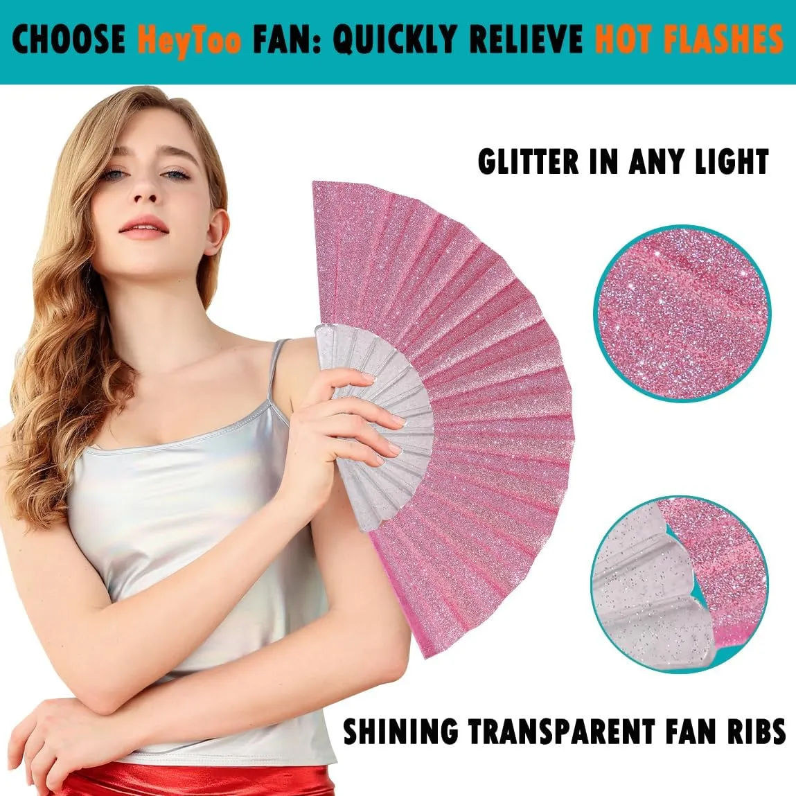 HeyToo Glitter Women Handheld Fan with Shining Transparent Fan Rib for Wedding,Church,Festival,Dance,Party Prom,Club,EDM Accessory Pink