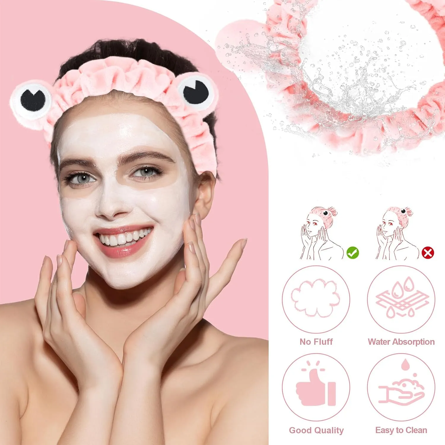 Jowmoy Pink Frog Eye Elastic Headband - Versatile for Spa, Skincare, Makeup, Face Wash, Fun Gift for Women (1 Pack)