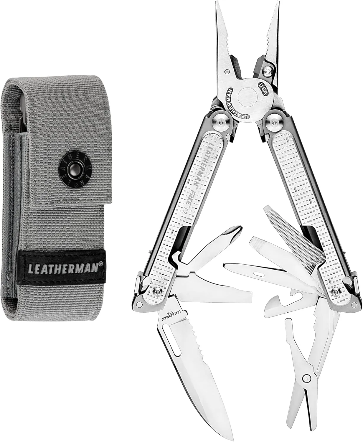 LEATHERMAN, FREE P2 Multitool with Magnetic Locking, One Size Hand Accessible Tools, Made in the USA, with Premium Nylon Sheath