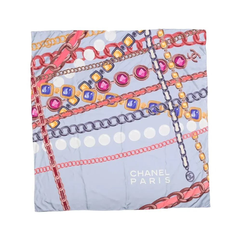 Light Blue Chain Motif Silk Scarf