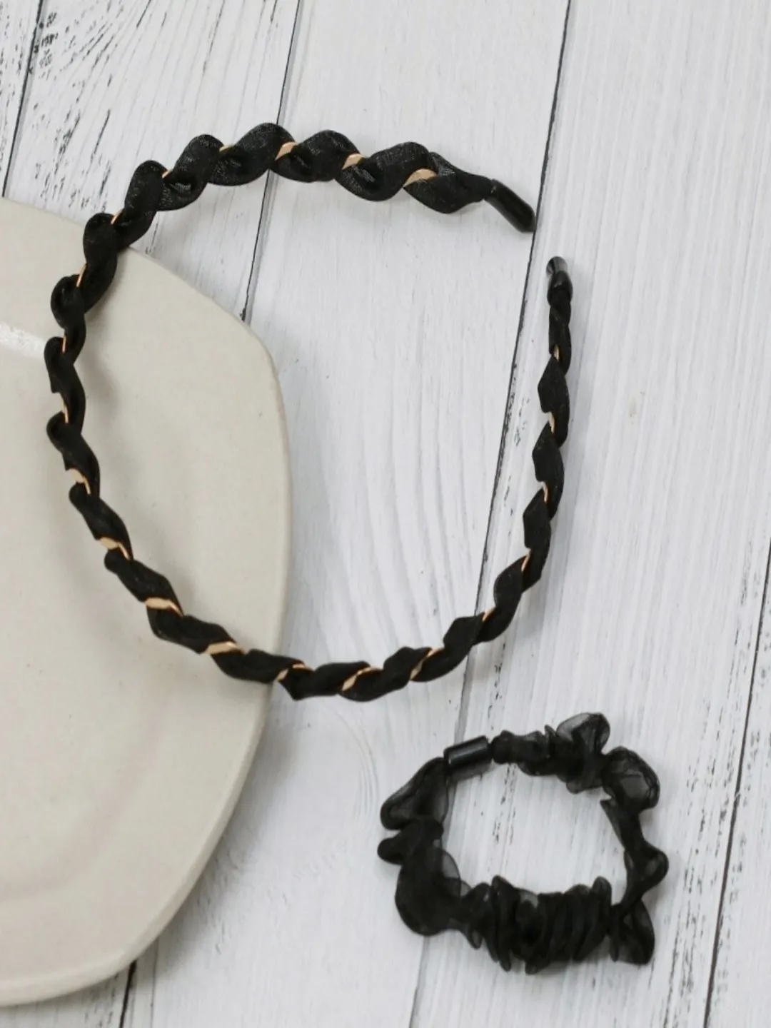 Midnight Twist: Classic Black Braided Headband with Gold Highlights and Coordinating Scrunchie- Pack of 2