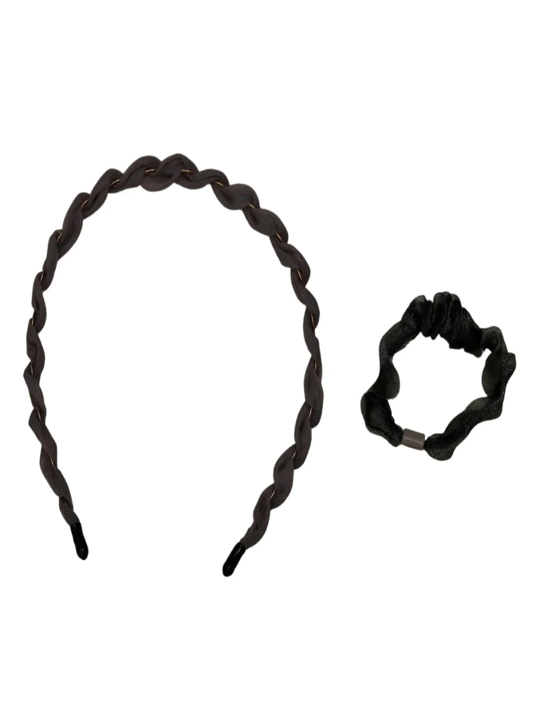 Midnight Twist: Classic Black Braided Headband with Gold Highlights and Coordinating Scrunchie- Pack of 2