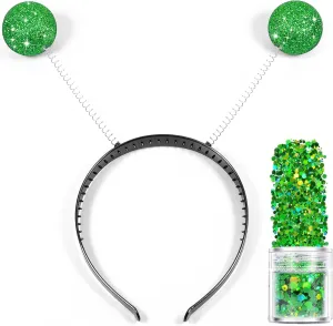MUKOSEL Alien Headband With Glitter, Green Martian Antenna Ball Boppers for Theme Party, Halloween Cosplay Costume Accessories for Women, Adults, Kids