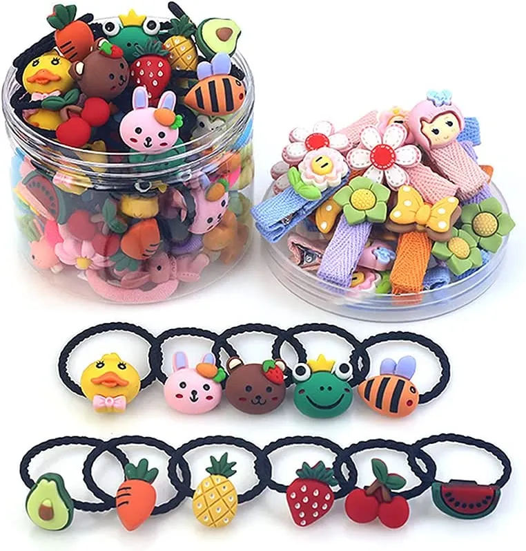 New Baby girl hair bands and hair clips, 40PCS fruit and animal elastic rubber bands, flower hair clips, colourful hair accessories for children, toddlers and little girls (Animal and Fruit)