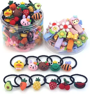 New Baby girl hair bands and hair clips, 40PCS fruit and animal elastic rubber bands, flower hair clips, colourful hair accessories for children, toddlers and little girls (Animal and Fruit)