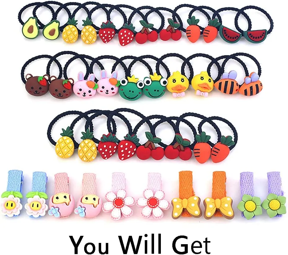 New Baby girl hair bands and hair clips, 40PCS fruit and animal elastic rubber bands, flower hair clips, colourful hair accessories for children, toddlers and little girls (Animal and Fruit)