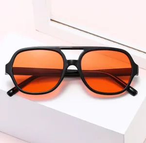 NEW Korean Fashion Candy-colored Double Beam Ladies Sunglasses Ins Wind Female Large Frame Plain Face Flat Mirror Spectacles, Black Orange
