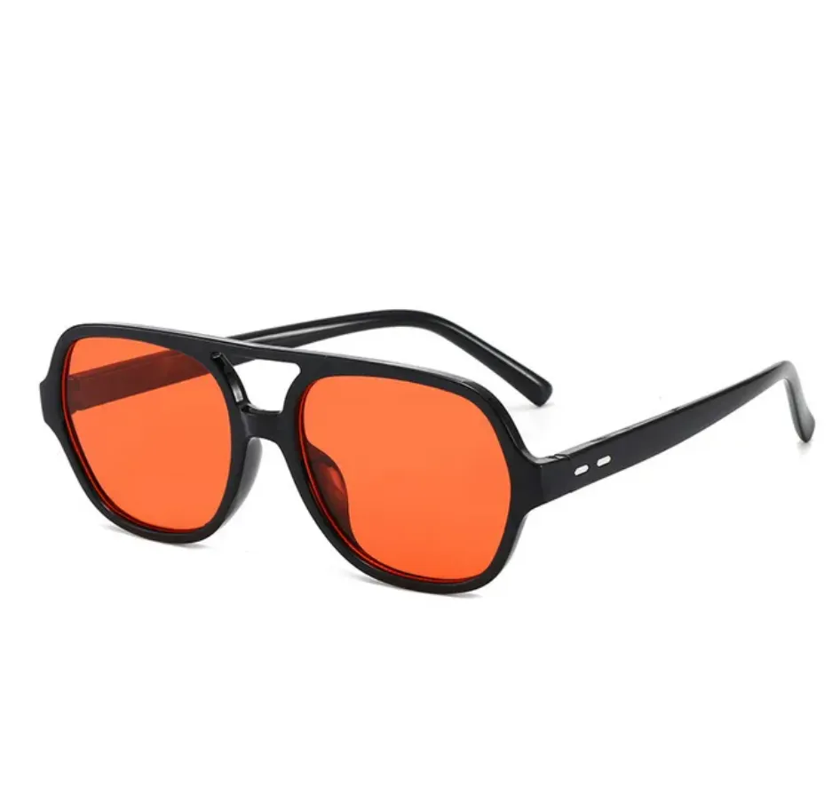 NEW Korean Fashion Candy-colored Double Beam Ladies Sunglasses Ins Wind Female Large Frame Plain Face Flat Mirror Spectacles, Black Orange