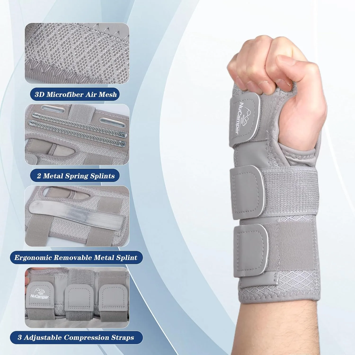 NuCamper Carpal Tunnel Wrist Brace Night Support for Men & Women, Adjustable Wrist Splint with 3 Straps and Metal Splint Stabilizer, Hand Brace for Pain Relief, Tendinitis, Arthritis - Left Hand,L/XL