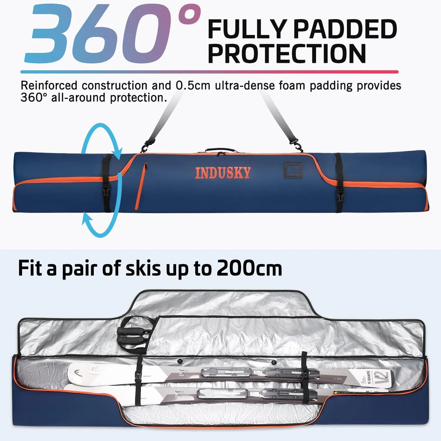 Padded Ski Bag - Waterproof, Adjustable Length, Fits Skis Up to 200cm, Portable Snow Travel Bag with Removable Shoulder Strap
