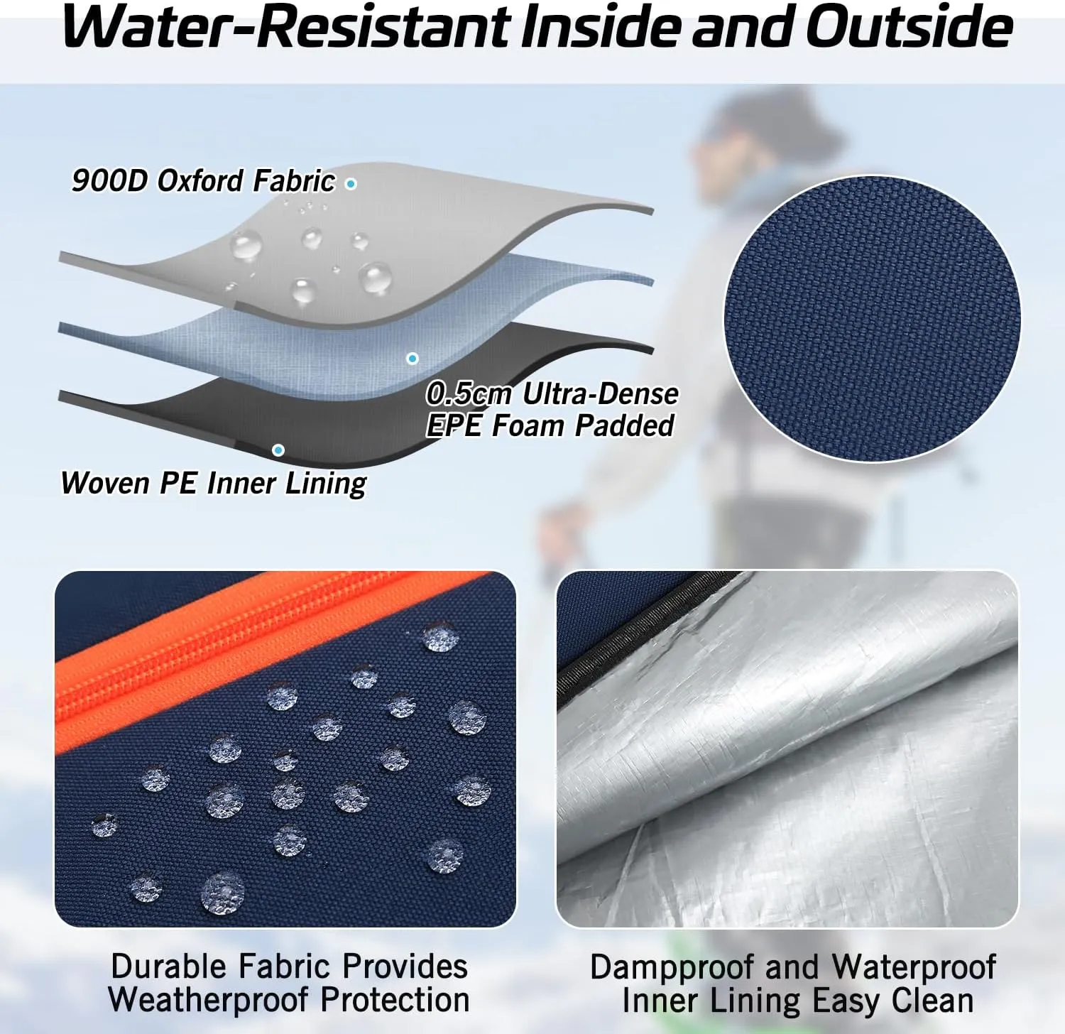 Padded Ski Bag - Waterproof, Adjustable Length, Fits Skis Up to 200cm, Portable Snow Travel Bag with Removable Shoulder Strap