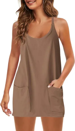 Panadila Womens Summer Sleeveless Mini Dress V Neck Spaghetti Strap Sundress Athletic Short Dress with Pockets