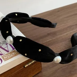 Pearl Knotted Velvet Headband - Black